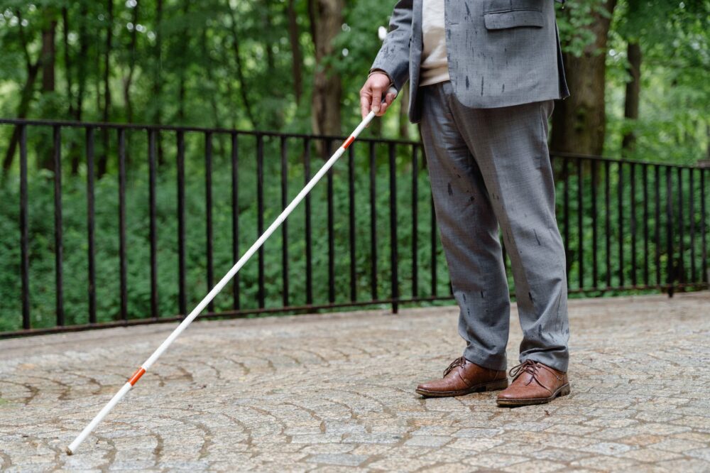 a person holding a walking stick